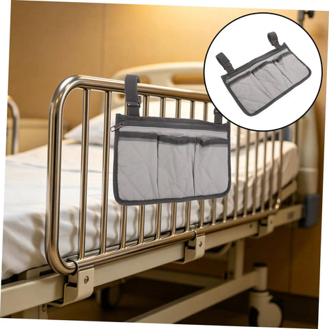Safety Bed Rail Organizer With Four Pockets And Large Capacity Strap Bag for nursing care beds, gray side hanging.