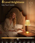 Woman using a cordless dimmable lamp with touch control and 3 color modes, rechargeable 2000mAh battery, vintage ambient light.