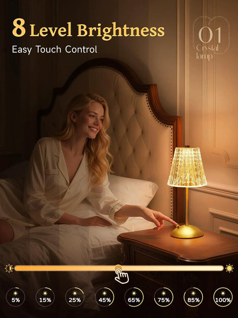 Woman using a cordless dimmable lamp with touch control and 3 color modes, rechargeable 2000mAh battery, vintage ambient light.