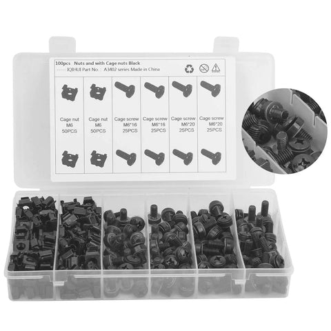 M6 Cage Nut And Screw Kit For Racks And Cabinets, Heavy Duty Carbon Steel Fasteners In Black Finish, Tool Free Quick Install Spring Loaded Cage Nuts With Screws For Chassis, Controllers, Vehicles, And Railways, 100 Nuts And 100 Screws in plastic organizer