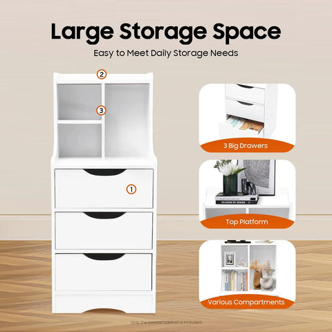 White vertical bedside cabinet with three drawers and open storage shelf nightstand end table for bedroom setup
