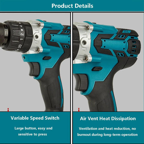 Pro Gear Brushless Cordless Drill Driver Kit With Bright Led Light And Heavy Duty Toolbox Included Quick Charge Battery For Wall Wood Metal And Tile Drilling showing variable speed switch and air vent heat dissipation details.
