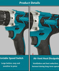 Tough As Nails Brushless Cordless Hammer Drill With 2400 Rpm Dual Speed Motor showing variable speed switch and air vent heat dissipation.