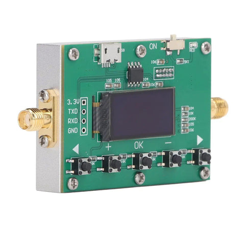 Side view of Programmable RF Attenuator Module With 6GHz Range, Digital Attenuation, OLED Display showing controls and connectors