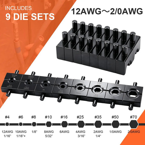 Battery Powered Hydraulic Crimping Tool With 8 Ton Force, Sick Electric Cable Crimper Kit die sets for 12AWG to 2/0AWG lugs.