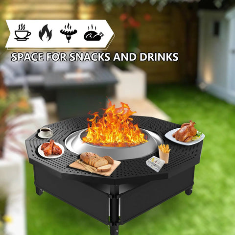 Adjustable Fire Pit Surround Tabletop For Solo Stove Bonfire Ranger Two Point Zero with snacks and drinks around fire pit