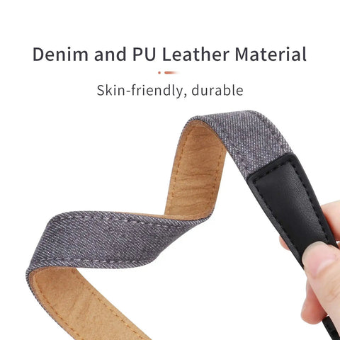 Close-up of Go To Lanyard Strap For DJI FPV Avata Phantom 4 Pro Drones And RC Transmitters, denim and PU leather material.