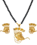Handcrafted Gold Plated Indian Rickshaw Pendant Necklace Set With Matte Black Crystal Luxe Bead Chain Matched With Chic Trendy Drop Earrings.