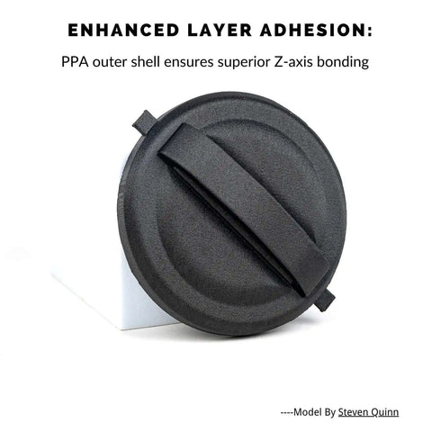 Round 3D printed part showcasing layer adhesion using Fibreheart PPA CF Core Black 25 Percent Carbon Fiber Core Concentrated 3D Printer Filament