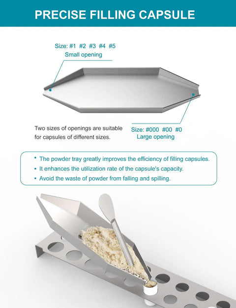 All In One Capsule Filling Tray Kit For Every Capsule Size 000 Through 5 With Holder, Includes Spoons, Spatulas, Scoops, And Tools For DIY Gel Capsules, Make Your Own Empty Capsule Fill Quickly And Easily stainless steel tray with small and large openings
