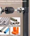 All In One Dual Function Pipe Thread Cutter Kit For Half Inch Three Quarter Inch And One Inch PVC Pipes With Internal And External Threading No Fuss Electric Drill Compatible Pipe Threader Set shown with drill attached, demonstrating use on PVC pipe.