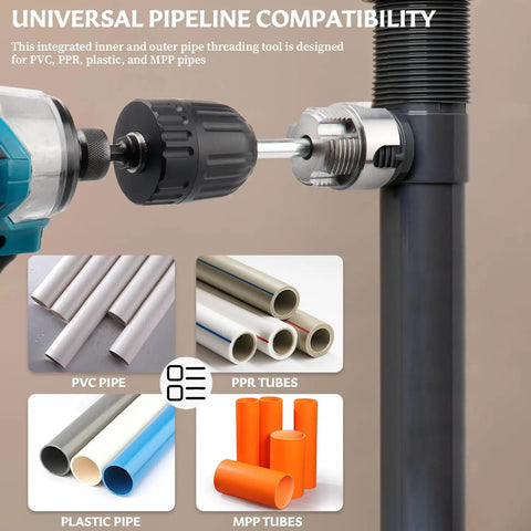 All In One Dual Function Pipe Thread Cutter Kit For Half Inch Three Quarter Inch And One Inch PVC Pipes With Internal And External Threading No Fuss Electric Drill Compatible Pipe Threader Set shown with drill attached, demonstrating use on PVC pipe.