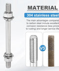 Beefy Double Ended Stud Screws M12x110mm With Nuts And Washers, 304 Stainless Steel Dual Threaded Rods For Home Improvement, Structural Anchoring And Fastening, 2 Pack, 304 stainless steel stud with nuts and washers