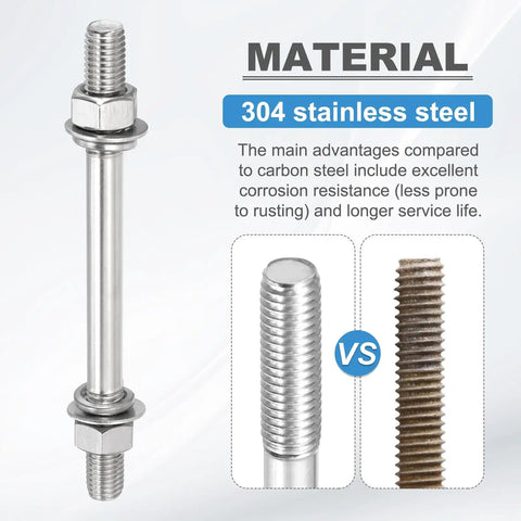 Beefy Double Ended Stud Screws M12x110mm With Nuts And Washers, 304 Stainless Steel Dual Threaded Rods For Home Improvement, Structural Anchoring And Fastening, 2 Pack, 304 stainless steel stud with nuts and washers