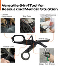 Six In One Foldable Trauma Shears Tactical Rescue Scissors For Emergency Response With Seat Belt Cutter Glass Breaker Ring Cutter Oxygen Tank Wrench And More Grab And Go Everyday Carry Ready foldable black 420HC steel 6-in-1 tool