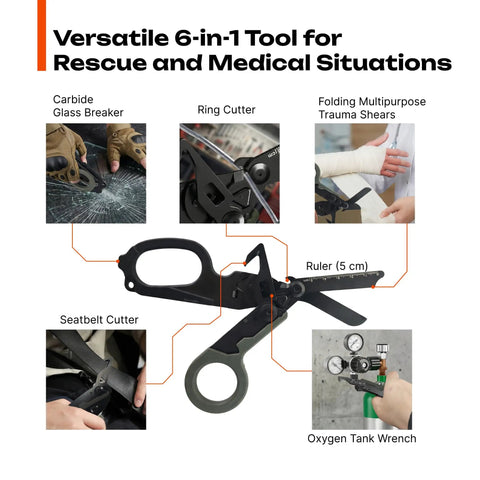 Six In One Foldable Trauma Shears Tactical Rescue Scissors For Emergency Response With Seat Belt Cutter Glass Breaker Ring Cutter Oxygen Tank Wrench And More Grab And Go Everyday Carry Ready foldable black 420HC steel 6-in-1 tool