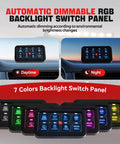 8 Gang RGB Toggle Switch Panel With Momentary Pulsed Memory, Auto Dim, On Off LED Touch Box For Universal Relay System, 12/24V IP65 Waterproof installed in vehicle interior showing day and night modes.