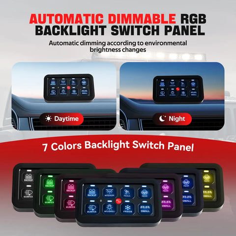 8 Gang RGB Toggle Switch Panel With Momentary Pulsed Memory, Auto Dim, On Off LED Touch Box For Universal Relay System, 12/24V IP65 Waterproof installed in vehicle interior showing day and night modes.