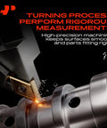 Close-up of a machine performing precision turning process on metal part to ensure smooth surfaces and accurate fitting.