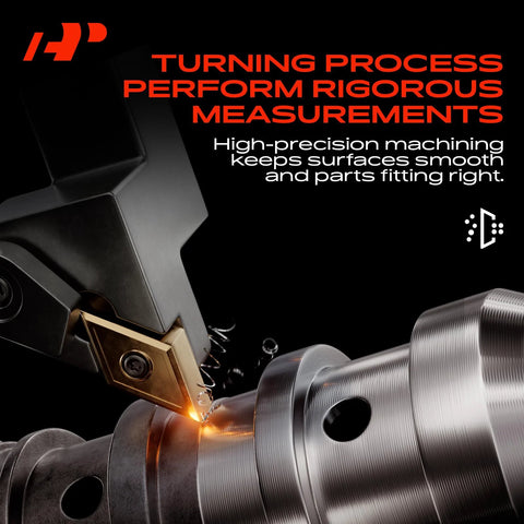 Close-up of a machine performing precision turning process on metal part to ensure smooth surfaces and accurate fitting.