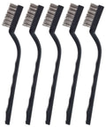 Ten Piece Small Wire Brush Set With Curved Handle For Welding Slag Rust Deburring And Metal Cleaning Ideal For Steel Parts Machinery And Masonry Prep Durable Bristle Scrubbing Kit For Quick Cleanups showing five brushes with curved black handles and metal bristles.