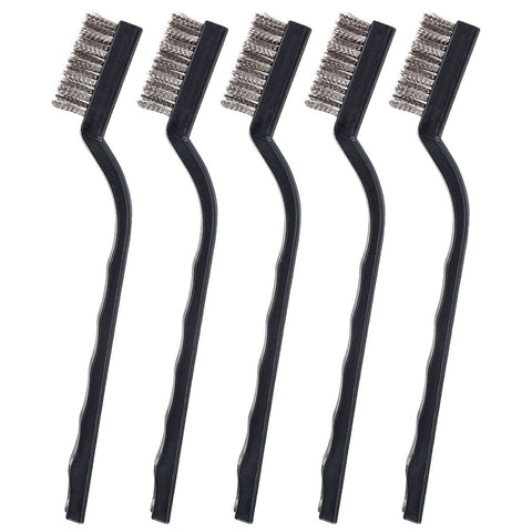Ten Piece Small Wire Brush Set With Curved Handle For Welding Slag Rust Deburring And Metal Cleaning Ideal For Steel Parts Machinery And Masonry Prep Durable Bristle Scrubbing Kit For Quick Cleanups showing five brushes with curved black handles and metal bristles.
