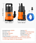 Heavy Duty Submersible Water Pump With 25 Foot Hose Offering One Point Two Horsepower And Five Thousand Gallons Per Hour Output, shown with accessories.