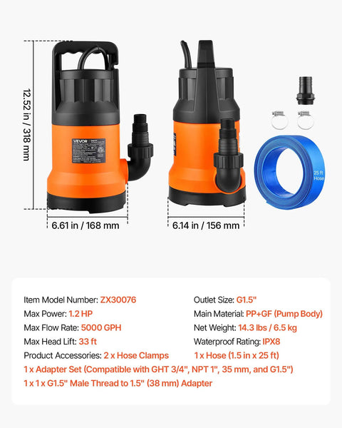 Heavy Duty Submersible Water Pump With 25 Foot Hose Offering One Point Two Horsepower And Five Thousand Gallons Per Hour Output, shown with accessories.