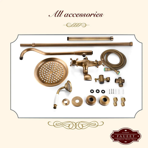 All accessories for Exposed Antique Brass Shower System Set With 8 Inch Rain Shower Head, Dual Knob Handles, Tub Spout