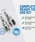 4 In 1 PVC Pipe Threader Kit For One Half And Three Quarter Inch Pipes Internal And External Threading Drill Compatible Easy No Fuss DIY Plumbing Tool For Plastic Pipes; kit includes threading tools and PTFE tape