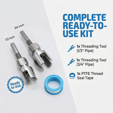 4 In 1 PVC Pipe Threader Kit For One Half And Three Quarter Inch Pipes Internal And External Threading Drill Compatible Easy No Fuss DIY Plumbing Tool For Plastic Pipes; kit includes threading tools and PTFE tape