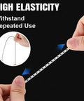 Hands stretching Two Rolls Of 100 Ft 1 8th Inch Shock Cord Tent Pole Repair Kit with Lead Wires and Washers, Elastic Bungee Cord Replacement.
