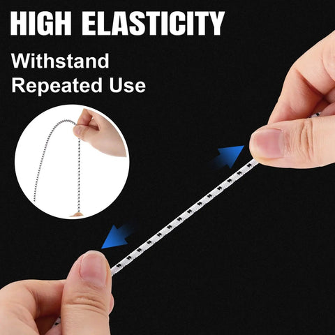 Hands stretching Two Rolls Of 100 Ft 1 8th Inch Shock Cord Tent Pole Repair Kit with Lead Wires and Washers, Elastic Bungee Cord Replacement.