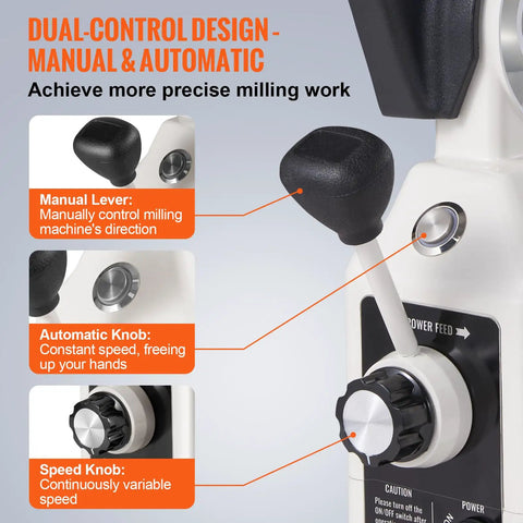 Detailed view of Heavy Duty X Axis Power Feed For Bridgeport Knee Mills, showcasing manual lever and automatic knobs for precise control.