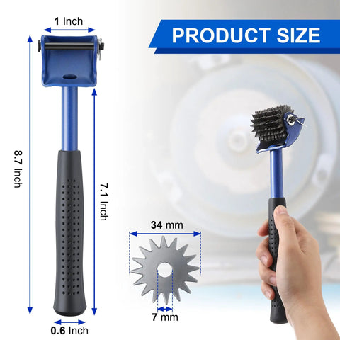 Grinding Wheel Dresser And Restorer Tool For Bench Grinders, showing blue handle, replaceable steel blades, and dimensions.