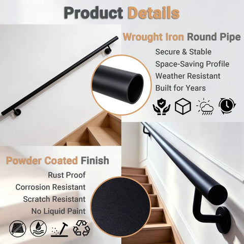 Hella Tough Adjustable Stair Handrail With Custom Cut Industrial Steel Finish Weatherproof Indoor Outdoor Grab Bar close-up of wrought iron round pipe with powder coated finish