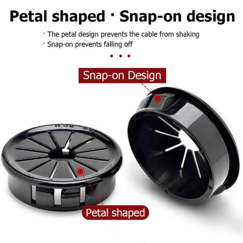 Heavy Duty Black Snap On Desk Grommets Kit For Round Cables 16 To 50mm With Soft Rubber Liner To Stop Fray And Save Wires Neatly, petal design