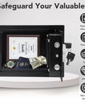 Rock Solid Security Safe Box With Digital Keypad And Backup Keys Steel Home Office Hotel Safe For Cash Jewelry And Important Documents Includes Two Emergency Keys Auto Lock After 3 Wrong Attempts Battery Operated showing interior with cash, passport, watch, and document