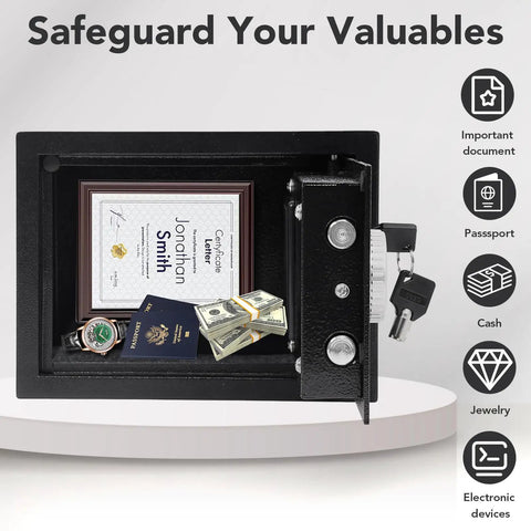 Rock Solid Security Safe Box With Digital Keypad And Backup Keys Steel Home Office Hotel Safe For Cash Jewelry And Important Documents Includes Two Emergency Keys Auto Lock After 3 Wrong Attempts Battery Operated showing interior with cash, passport, watch, and document