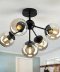 Modern Black Ceiling Light Fixture Semi Flush Mount Chandelier With Five Lights For Bedroom Kitchen Farmhouse Hallway Foyer Passage Smoked Glass Shade Vintage Antique Style Black Matte Metal Base That Delivers A Lit Modern Vibe shown in a interior.