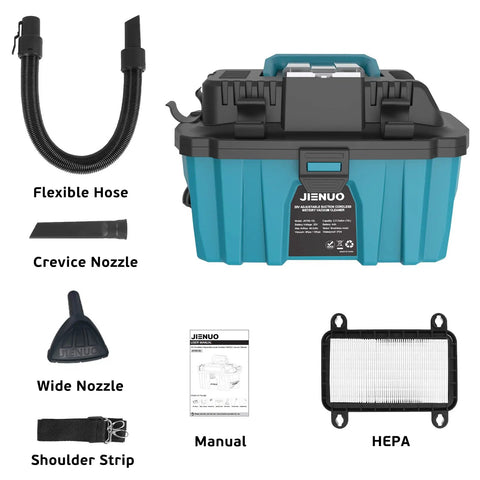 Cordless Shop Vac With 2.5 Gallon Capacity Brushless Motor Wet Dry Vacuum With HEPA Filter That Goes Anywhere Compatible With 18V Batteries for home, car, and workshop use, showing accessories like hose, nozzles, and filter.