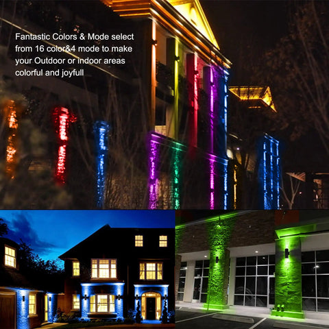 Up And Down Outdoor Wall Lights 96W RGBW Color Changing With RF Remote, Dimmable, illuminating building exteriors in various colors