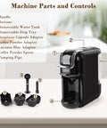 3 in 1 Espresso Maker For Nespresso Pods Lavazza Blue And Expert Capsules Plus Ground Coffee 19 Bar Pressure Delivers Boss Level Espresso At Home Compact Mini Coffee Maker With Removable Water Tank with parts displayed