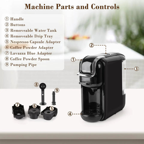 3 in 1 Espresso Maker For Nespresso Pods Lavazza Blue And Expert Capsules Plus Ground Coffee 19 Bar Pressure Delivers Boss Level Espresso At Home Compact Mini Coffee Maker With Removable Water Tank with parts displayed