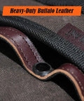 Heavy Duty Carpenter Tool Vest With Thick Top Grain Buffalo Leather And Twenty Ounce Waxed Canvas detail of heavy-duty buffalo leather and stitching.