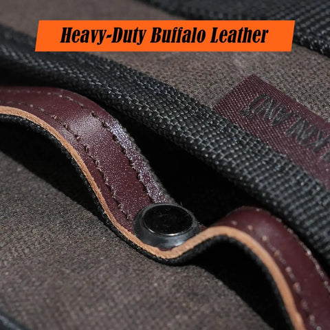 Heavy Duty Carpenter Tool Vest With Thick Top Grain Buffalo Leather And Twenty Ounce Waxed Canvas detail of heavy-duty buffalo leather and stitching.