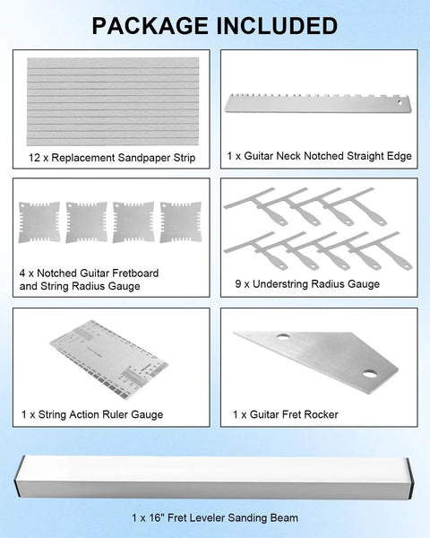 Upgrade Your Guitar Game With This Full 29 Piece Setup Kit Packed With A Sixteen Inch Fret Leveling Beam and Guitar Tools