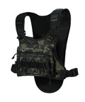 Hands Free Tactical Chest Pack for Men Lightweight Hydration Bag with Gear Holder Reflective Outdoor Chest Pack in camo design.