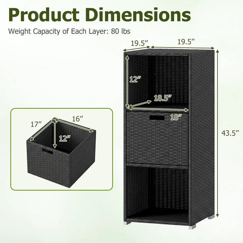 Outdoor PE Rattan Storage Cabinet With Shelves And Drawer All Weather Wicker Storage Organizer dimensions and details