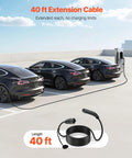 Slick 40 Foot EV Charger Extension Cord For Tesla With Nacs Plug And 48 Amp 240V Level 1 2 Electric Vehicle Power Wire, parked Teslas.